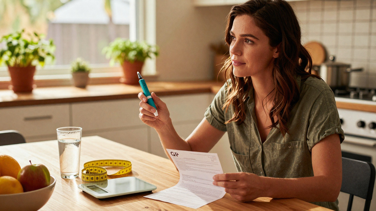 Frau sitzt in der Küche, hält Stift und Papier, auf dem Tisch liegen Obst, Glas Wasser, Maßband und digitale Waage.