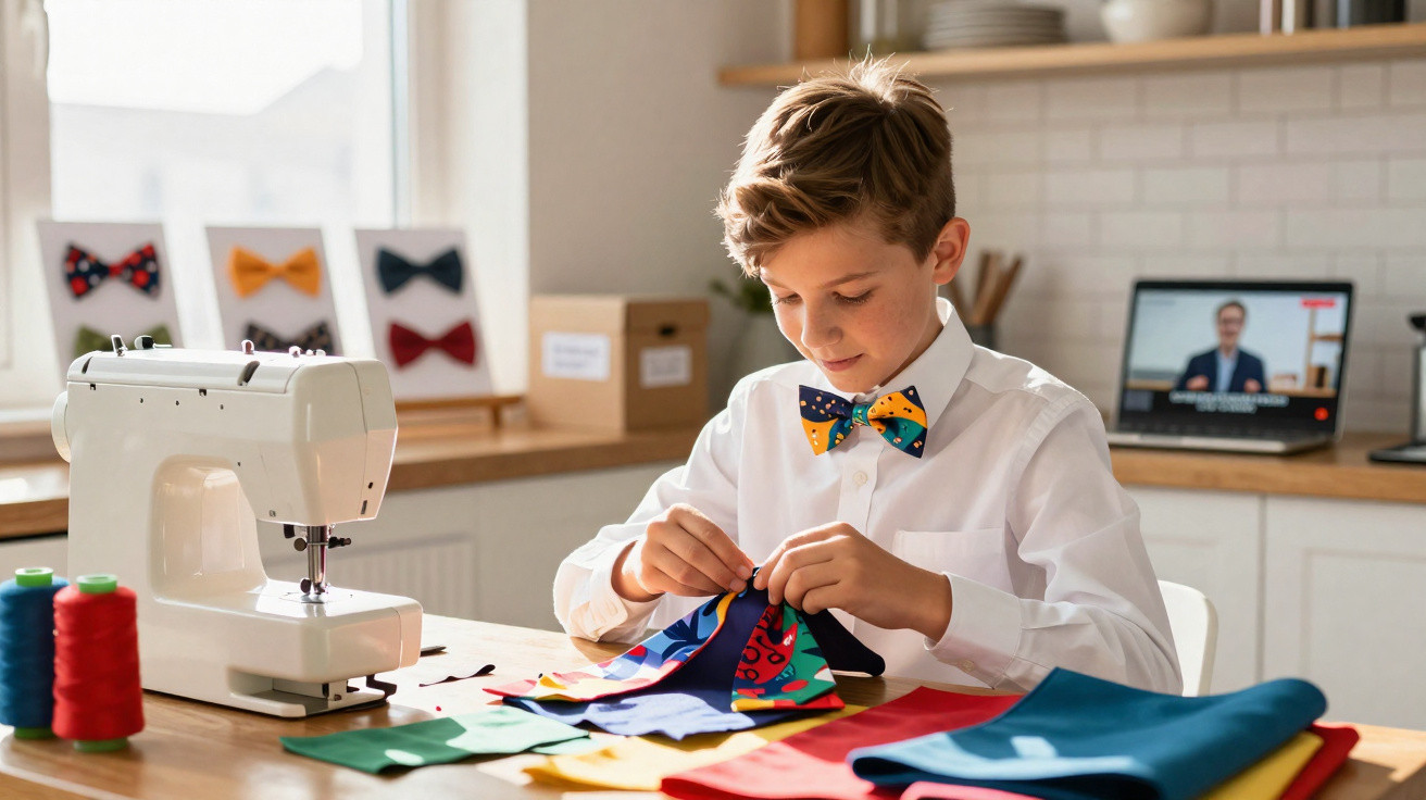 Junge mit Fliege näht bunte Stoffstücke an einem Tisch mit Nähmaschine und Garnrollen.