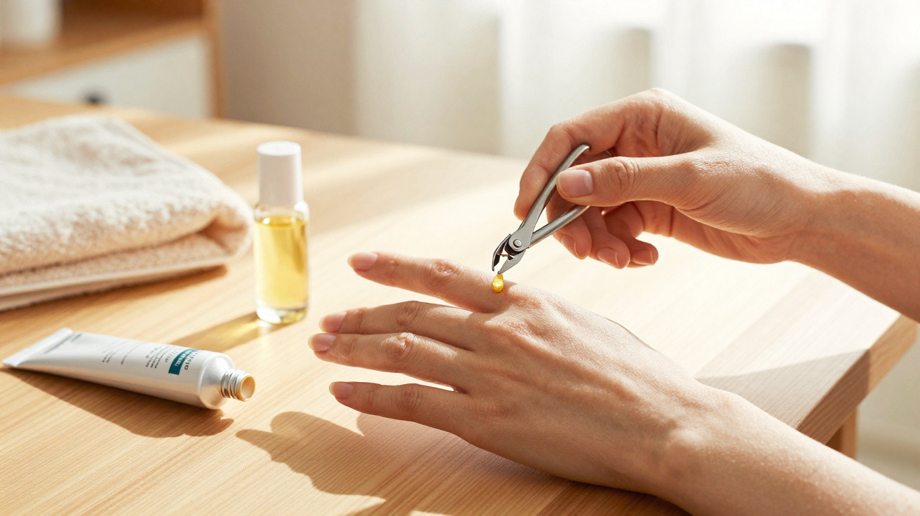 Nahaufnahme einer Hand, die mit Nagelöl und einem Nagelpflegegerät gepflegt wird.