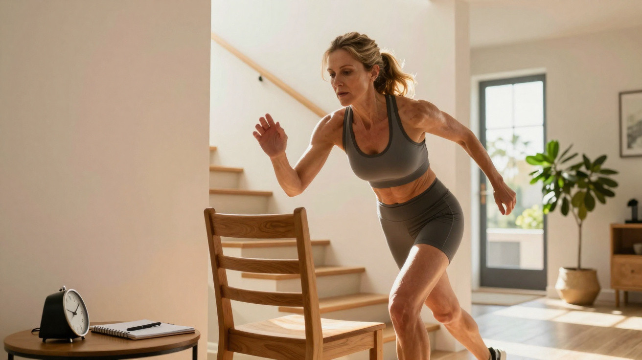 Frau trainiert zuhause mit Sprints um einen Stuhl, sonnendurchflutetes Wohnzimmer mit Treppe im Hintergrund.