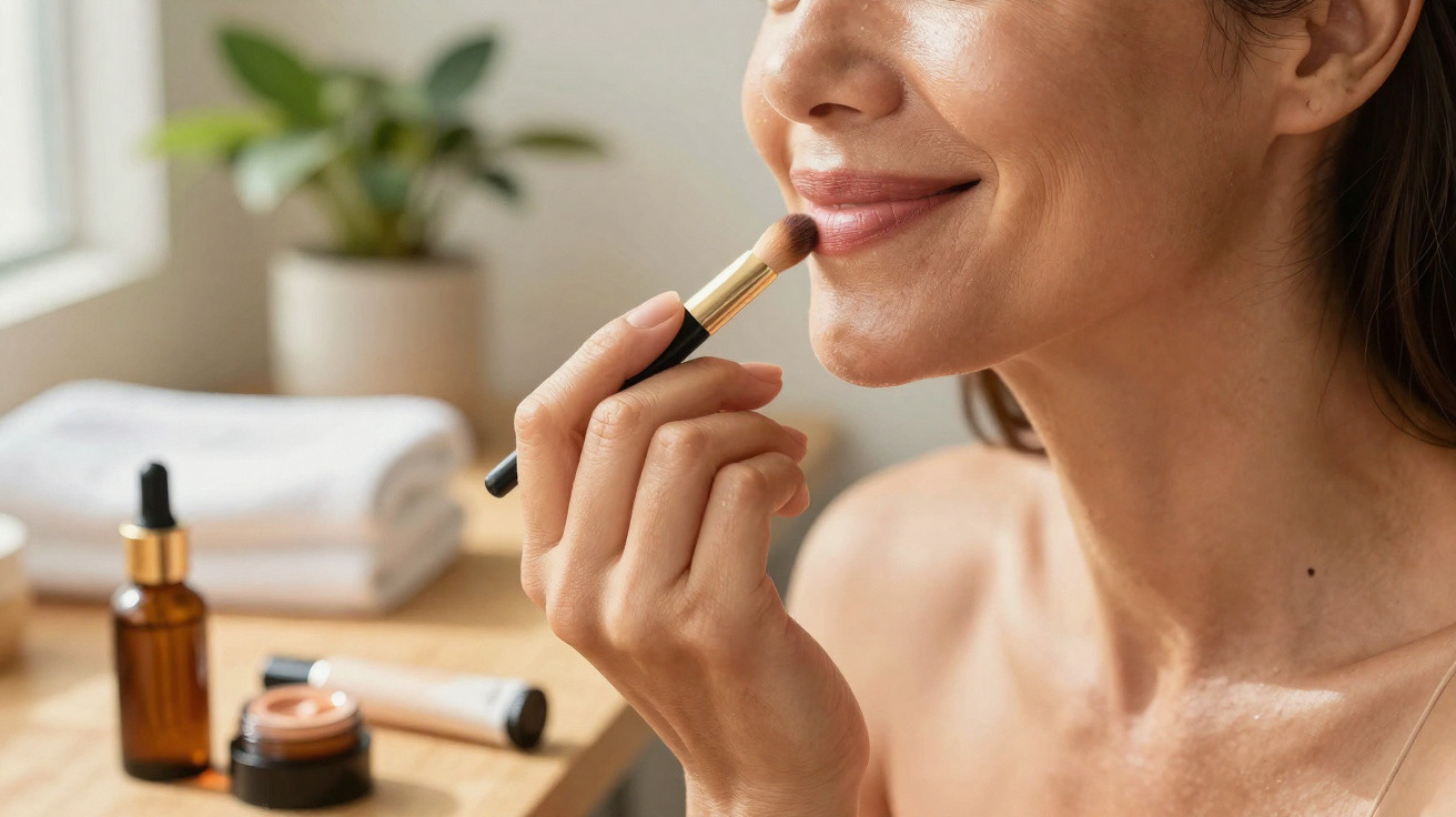 Frau trägt Lippenstift mit Pinsel auf, im Hintergrund Make-up-Produkte und Handtücher auf Holztisch.