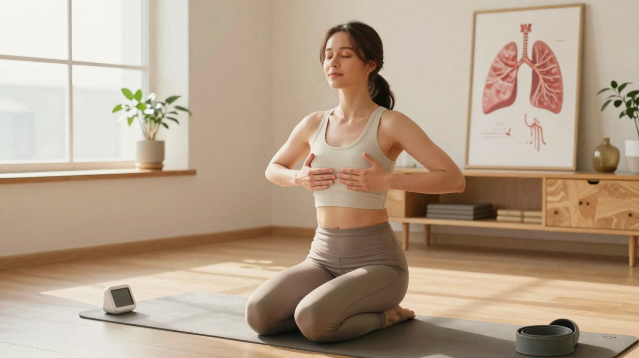 Frau praktiziert Atemübung kniend auf Yogamatte in hellem Raum mit Lungen-Diagramm an der Wand.