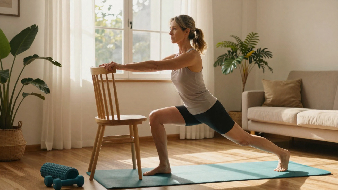 Frau beim Dehnen mit Stuhl auf Yoga-Matte in hellem Wohnzimmer mit Pflanzen und Sofa.