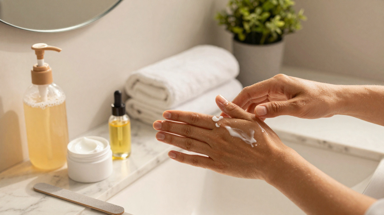 Person cremt sich die Hände am Waschbecken mit Lotion ein, Handpflegeprodukte und Handtücher im Hintergrund.