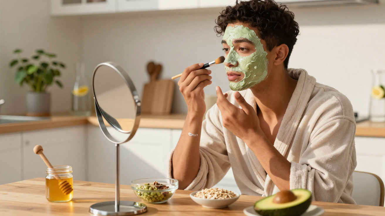Mann mit grüner Gesichtsmaske trägt diese mit Pinsel im Badezimmer auf, umgeben von gesunden Lebensmitteln.