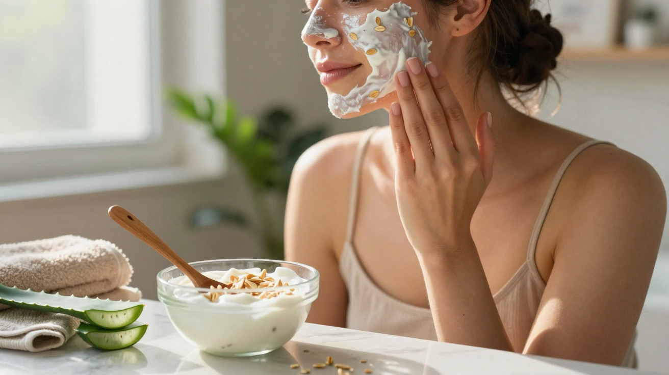 Frau trägt Gesichtspflege mit Mandelstückchen auf, neben Schale mit Milchcreme und Aloe Vera Blättern.