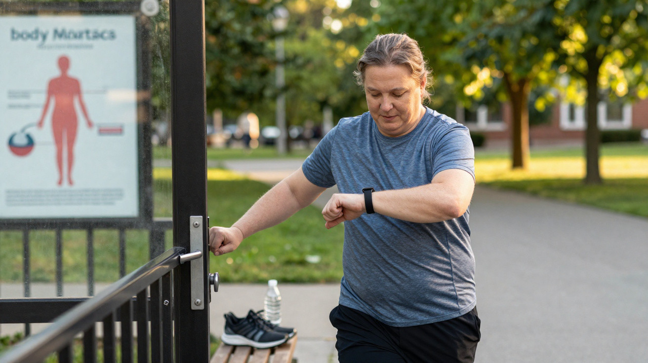 Frau in Sportkleidung überprüft Fitnessuhr im Park, neben ihr Schuhe und Wasserflasche auf Bank.