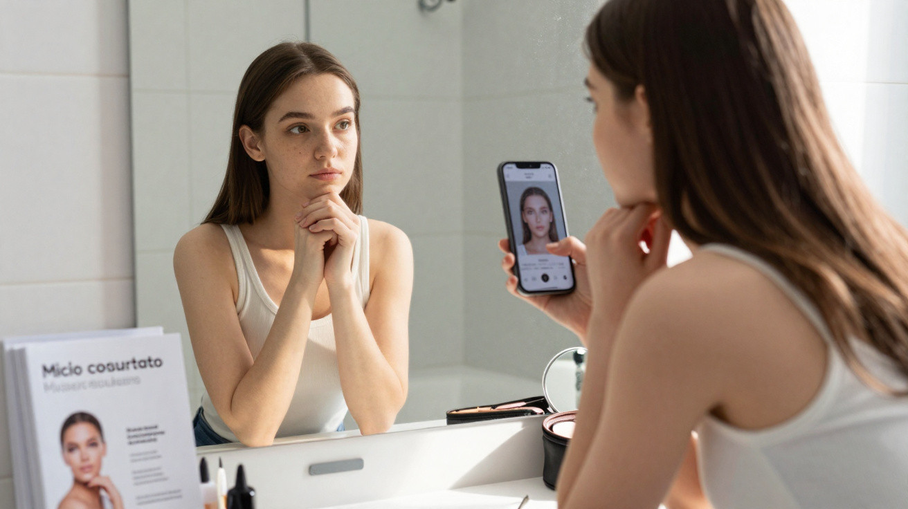 Junge Frau sitzt am Waschbecken, schaut in den Spiegel und hält ein Smartphone mit einem Porträtfoto.