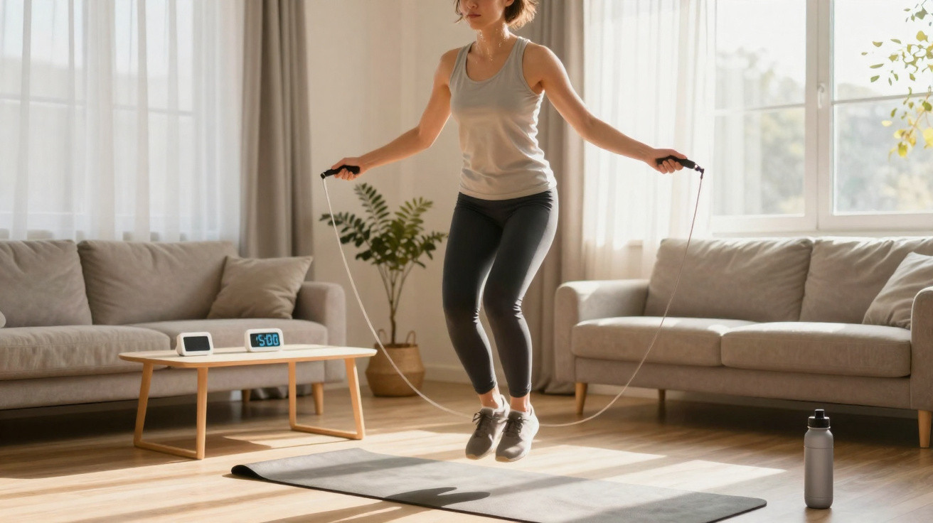 Frau springt mit Springseil auf Yogamatte in hellem Wohnzimmer zwischen zwei Sofas und Wasserflasche.