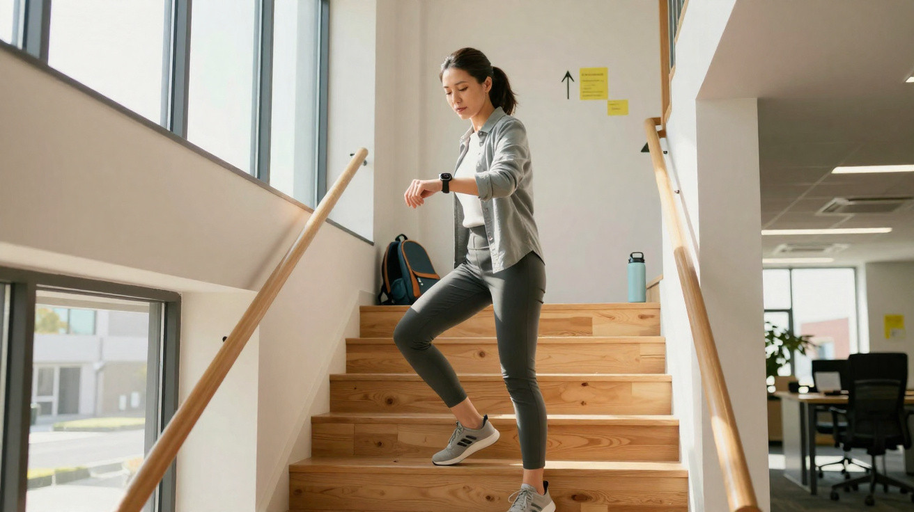 Frau in Sportkleidung steigt Treppe hinauf und schaut auf ihre Smartwatch in hellem Bürogebäude.
