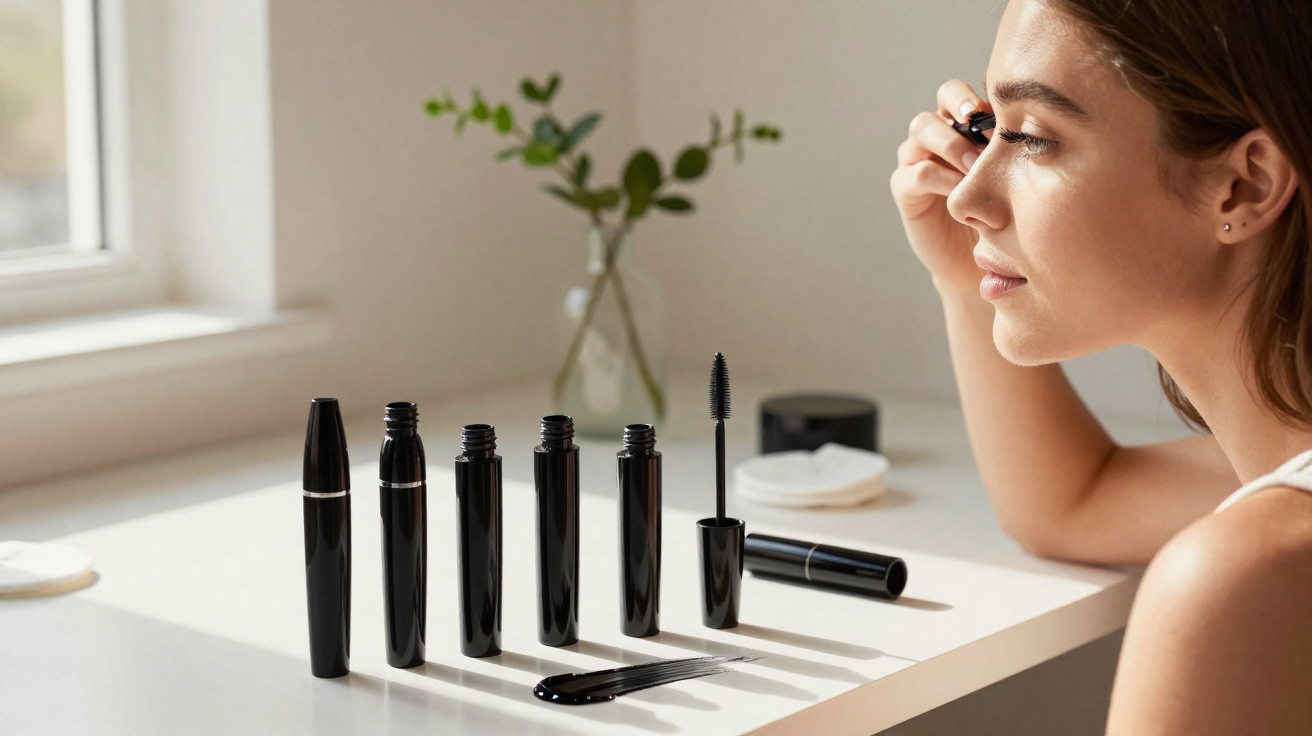 Frau trägt Mascara auf und vor ihr steht eine Reihe geöffneter schwarzer Mascara-Tuben auf einem Tisch.