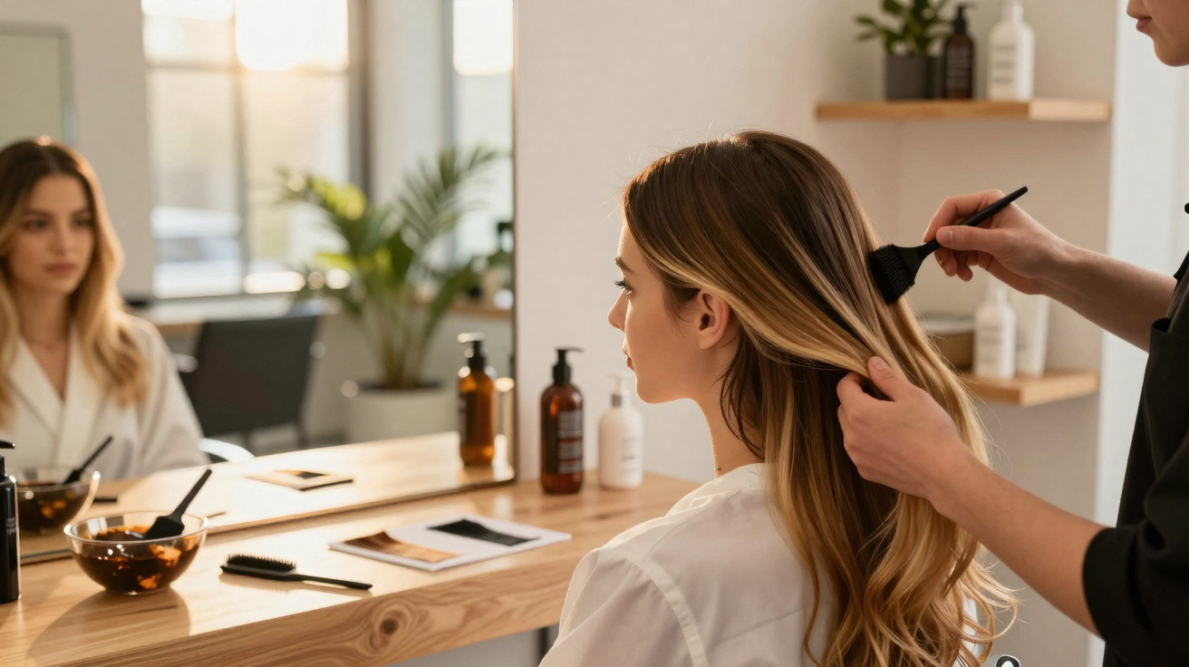 Frau bekommt Haare im Friseursalon gefärbt, Haare werden mit Pinsel eingestrichen vor Spiegel.