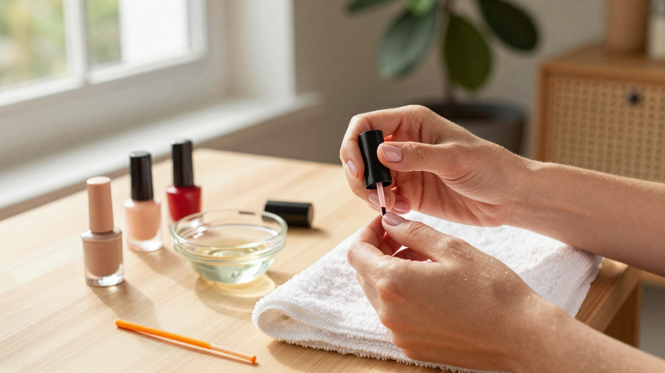 Frau trägt zu Hause rosa Nagellack auf ihre Fingernägel auf, neben Nagellackflaschen und Ohrenstäbchen.