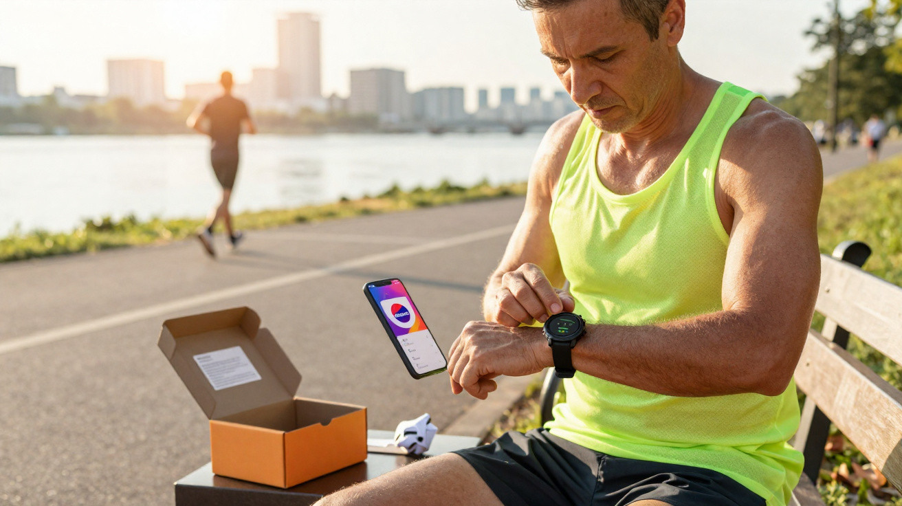 Mann in Sportkleidung sitzt an Bänken und bedient Smartwatch mit Smartphone und Verpackung daneben.