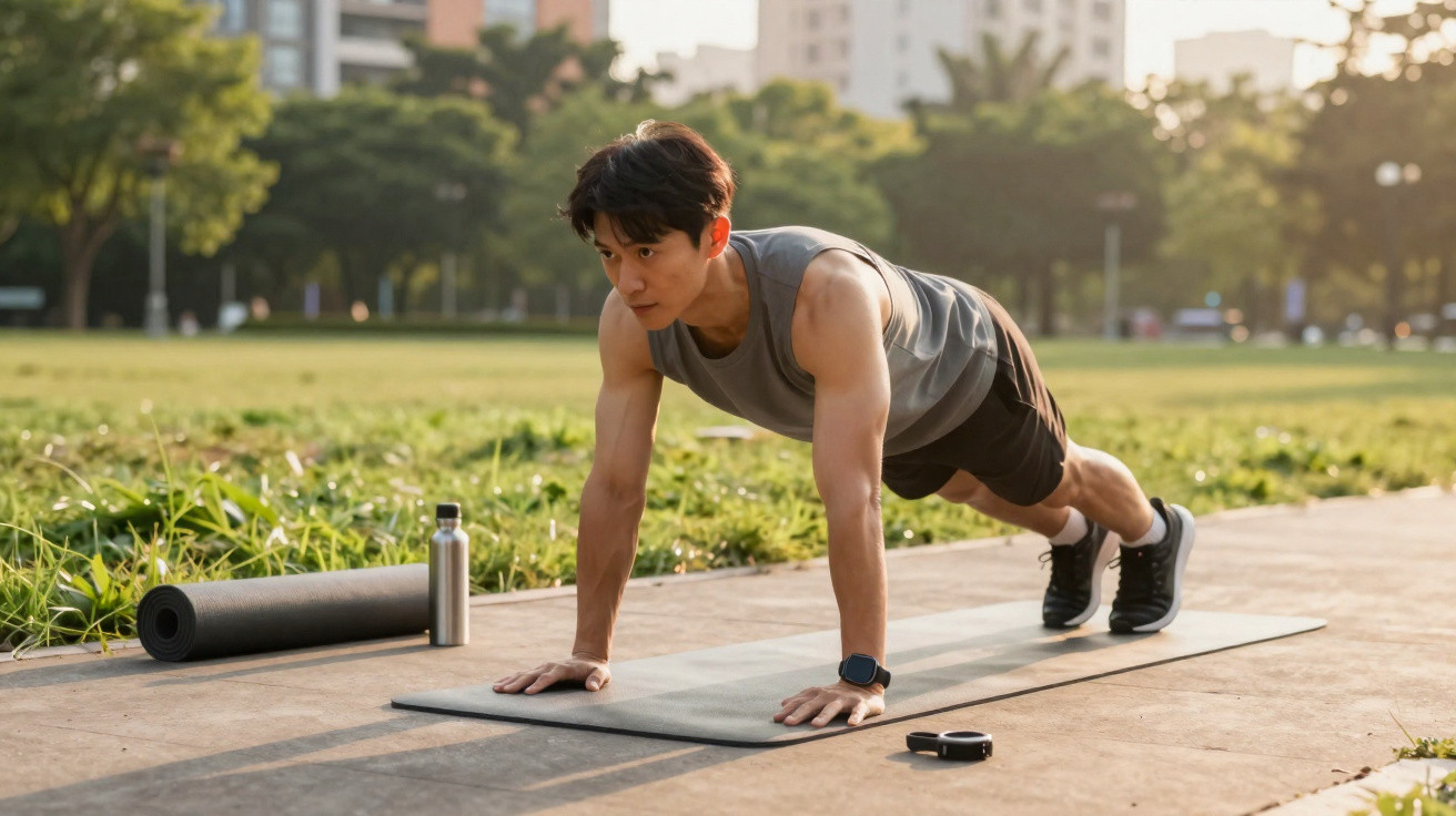 Mann macht Liegestütze auf Yogamatte im Park bei Sonnenuntergang, neben Wasserflasche und Fitness-Tracker.