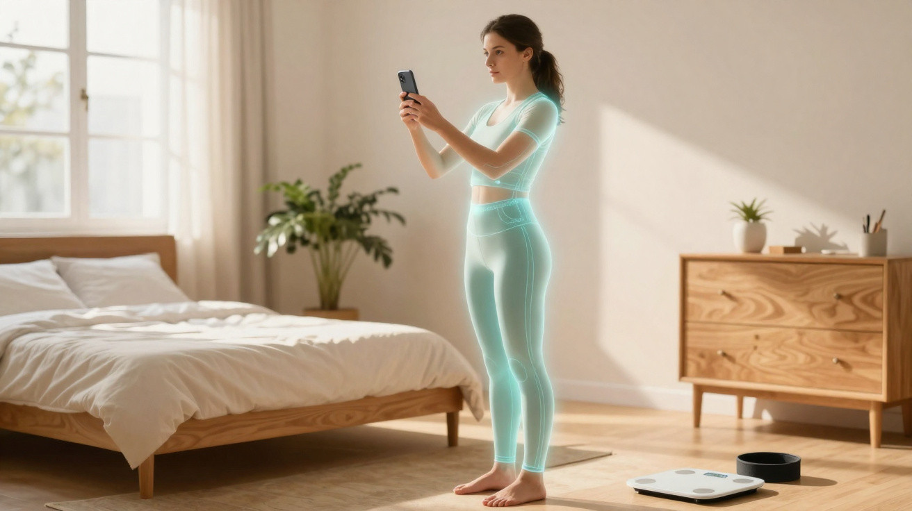 Frau in Sportkleidung steht im Schlafzimmer, hält Smartphone, umgeben von digitaler Körperkontur.