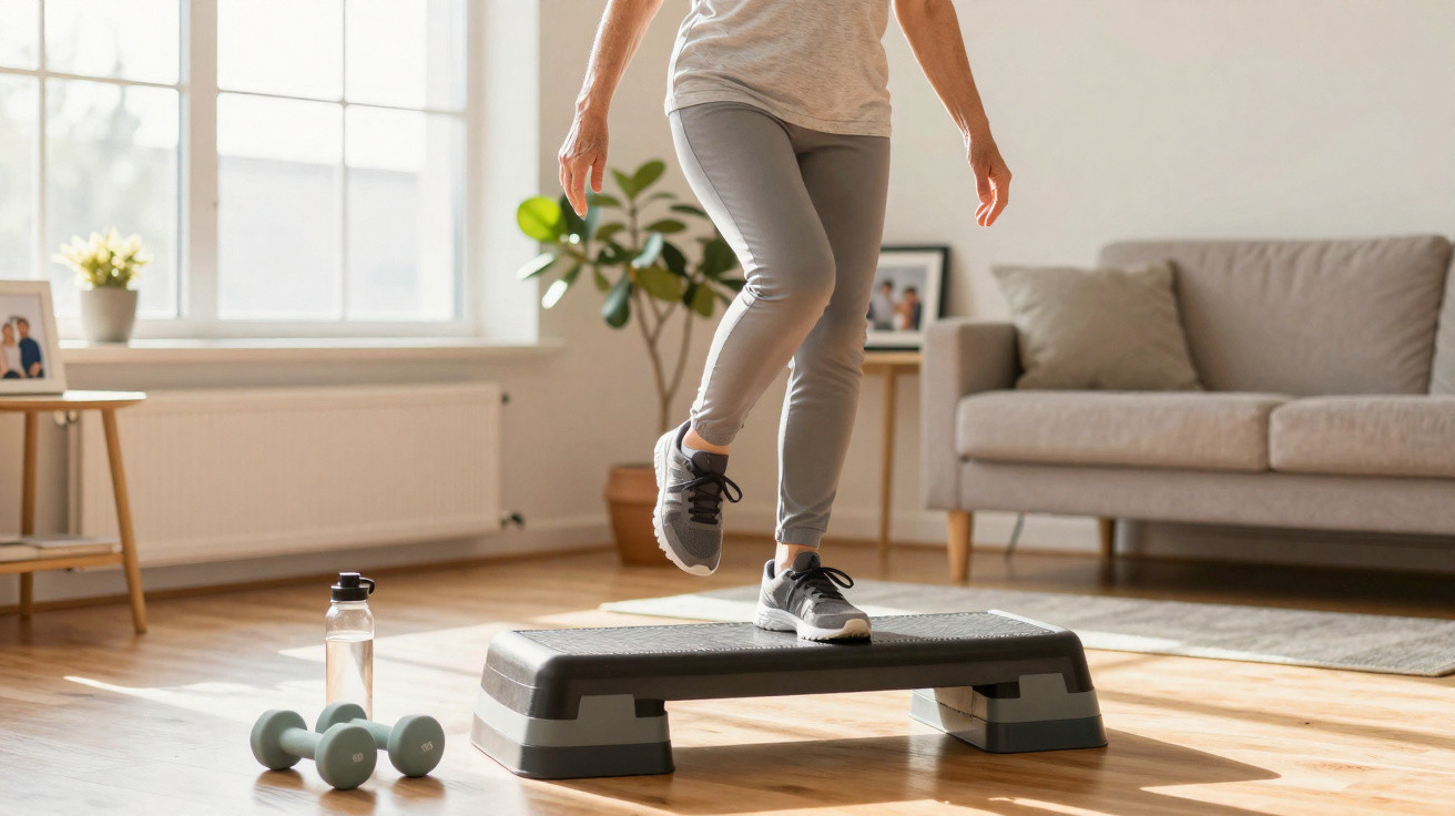Person beim Step-Training auf einem Stepper im Wohnzimmer mit Hanteln und Wasserflasche auf dem Boden