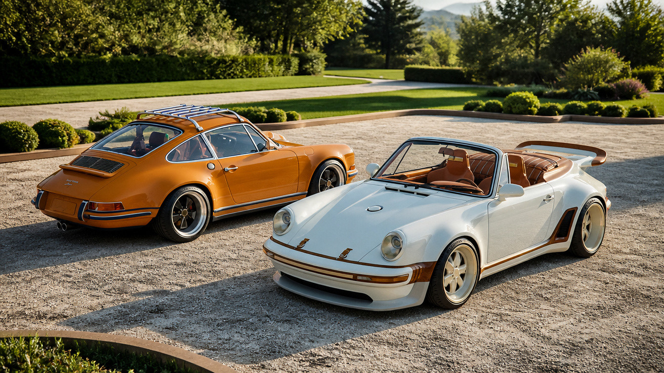 Zwei klassische Porsche 911, ein orange Coupé und ein weißer Cabrio mit braunem Innenraum, geparkt auf Kiesfläche.