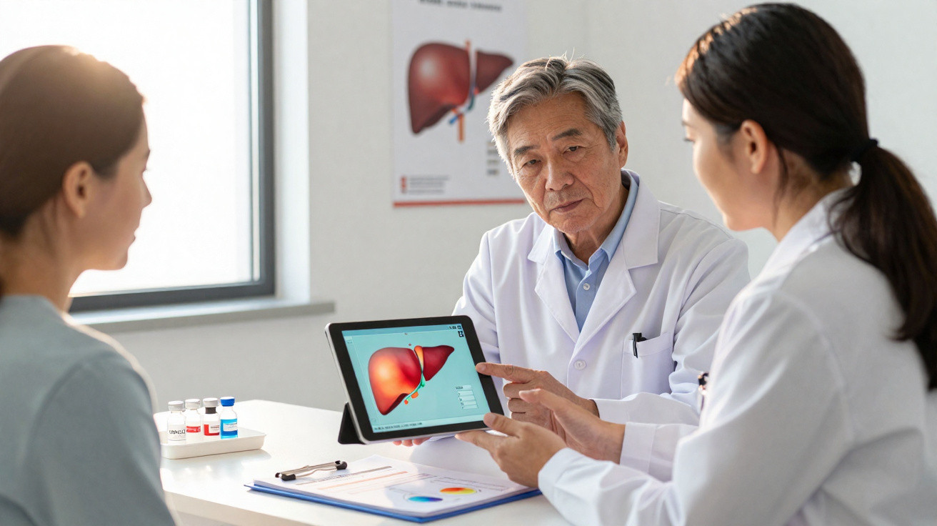 Arzt erklärt Patientin Leberfunktion mit digitaler Grafik auf Tablet in heller Praxis.