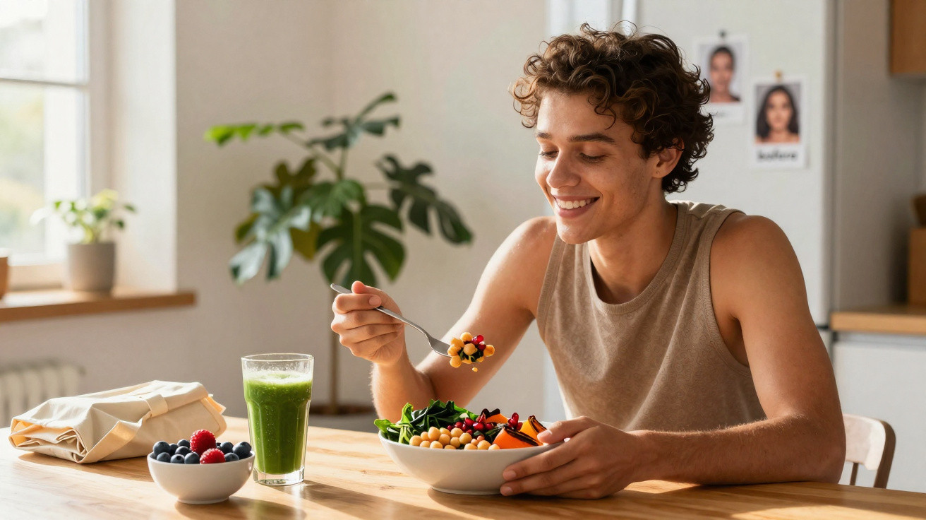 Junger Mann isst gesundes Gemüse-Bowl mit Kichererbsen und trinkt grünen Smoothie am Esstisch.