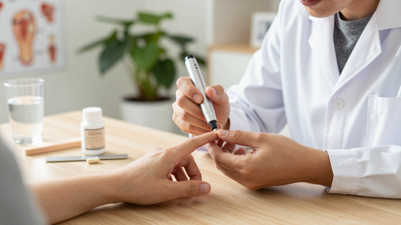 Arzt misst Blutzuckerwert eines Patienten mit Stechhilfe am Finger in einer medizinischen Praxis.