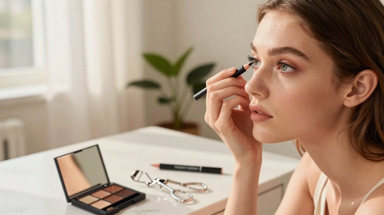 Frau trägt Lidstrich auf, Makeup-Palette, Wimpernzange und Stift liegen auf weißem Tisch vor ihr.