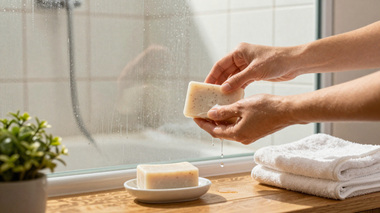 Zwei Hände halten ein Seifenstück über einem Fensterbrett mit nassem Fenster, Pflanzen und gefalteten Handtüchern.